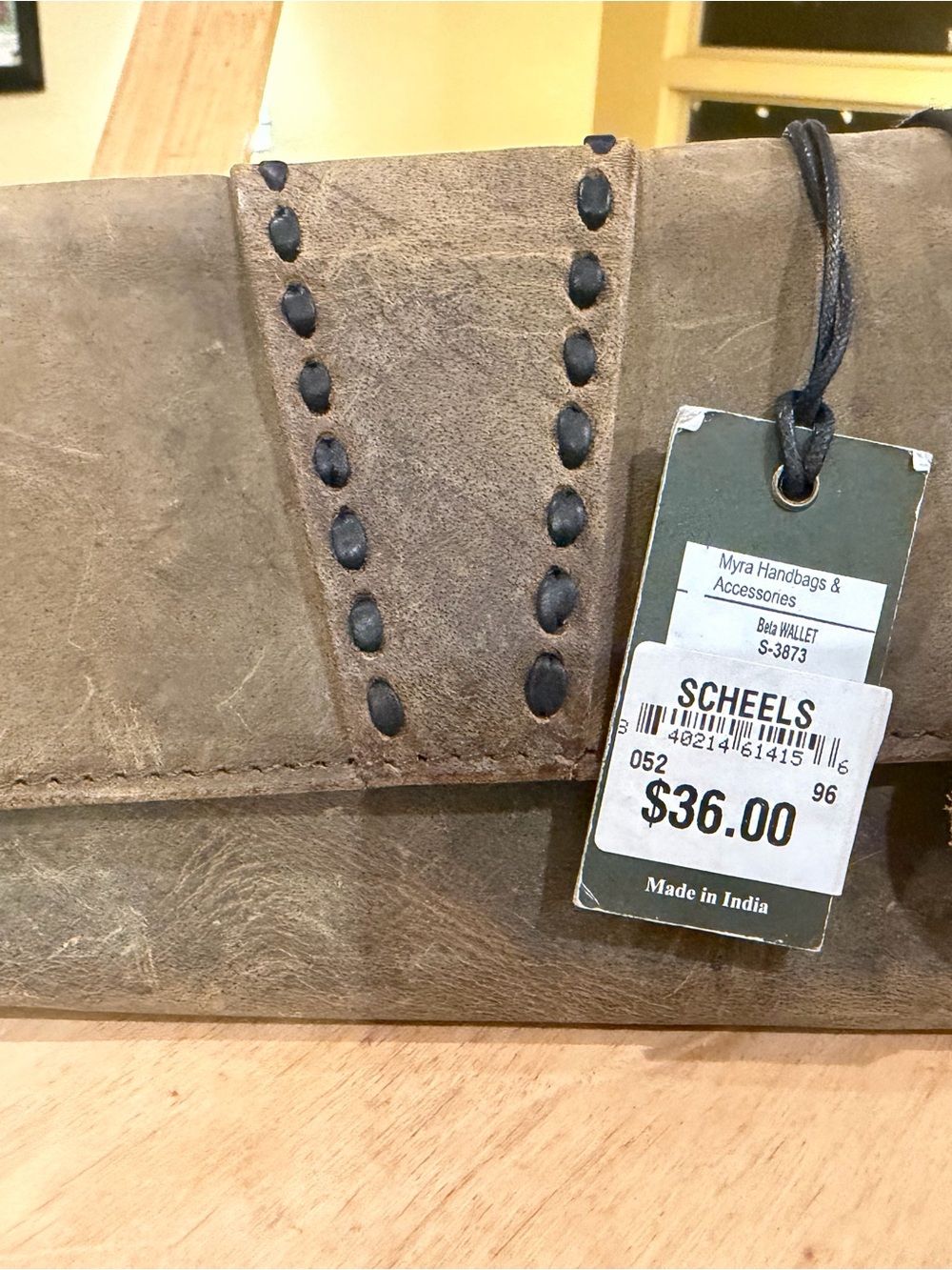 Myra Bag Distressed Brown Leather Wallet with Stitched Accent